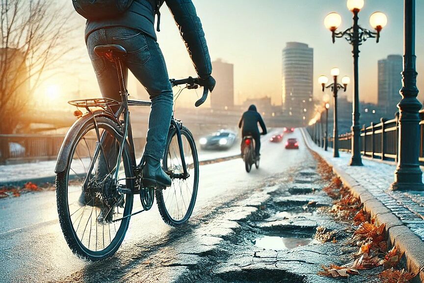 Bild 1 Ein Radfahrer fährt auf einem kaputten Radweg