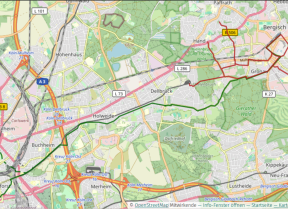 Bild 1: Routen zum Bahnhof Köln-Deutz (RPR 2) bzw. nach Thielenbruch zur Straßenbahn